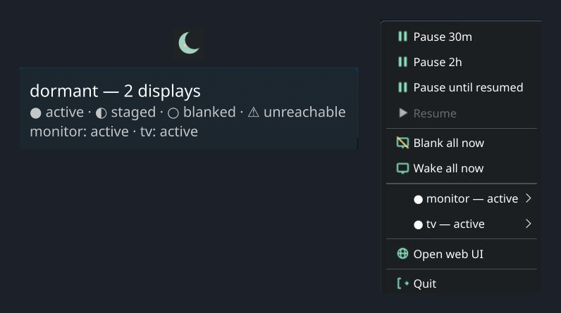 The dormant tray applet: status tooltip and pause/blank/wake menu